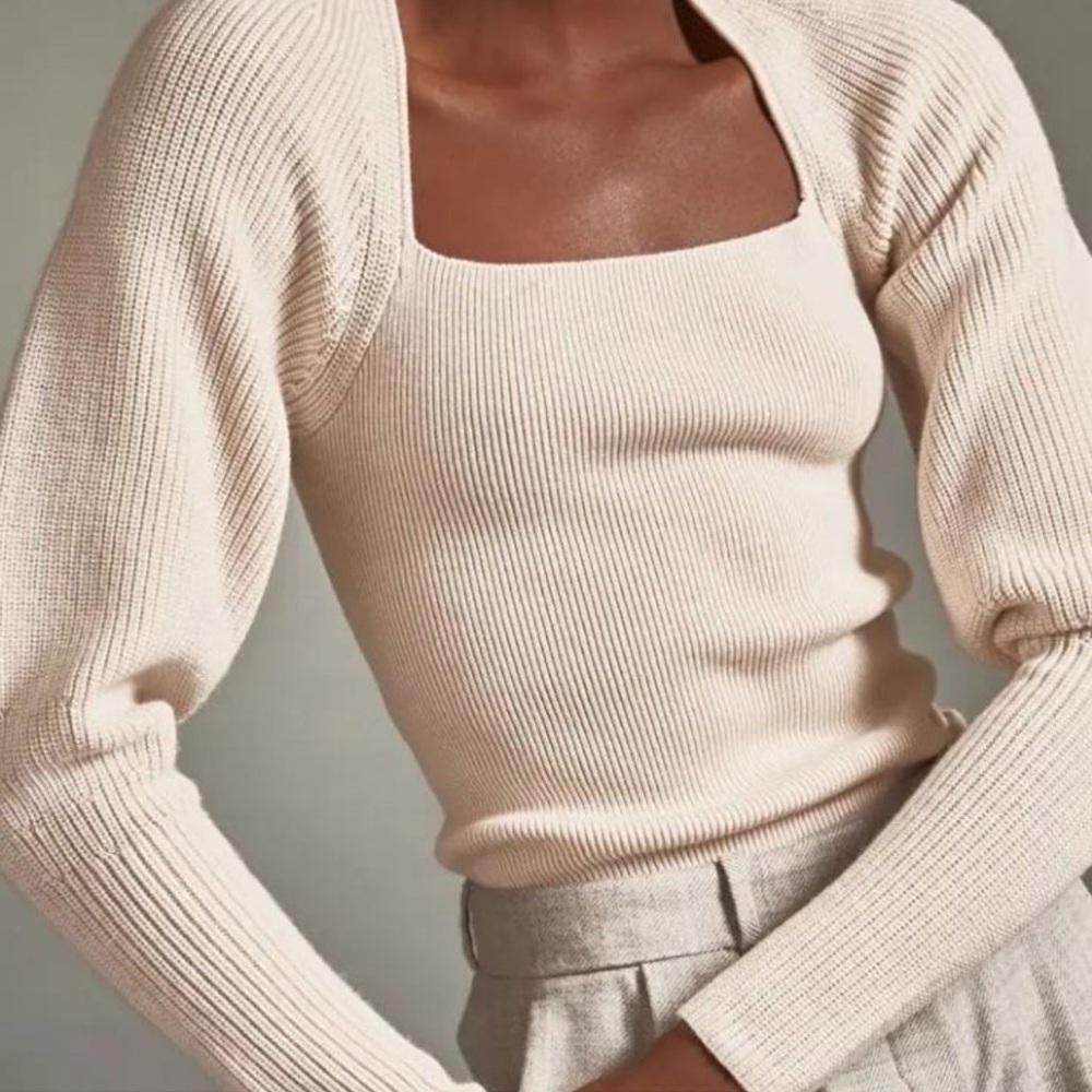 COS• Square Neck Puff-Sleeve Knitted Top Sweater